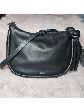 Vince Camuto Black Leather Shoulder Bag Slouchy Hobo Knotted Strap Soft Minimal